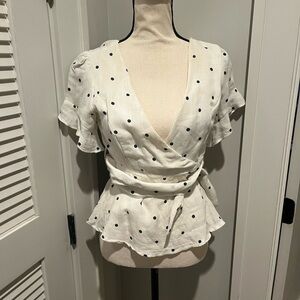 Polka Dot Wrap Peplum Blouse - White with Navy Dots